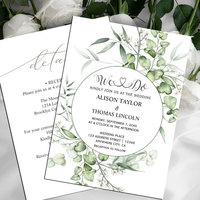 Convite Caligrafia Floral Verde Sage Simples Tudo Em Um ( wedding invitation card  hand-painted winter greenery, #greenery #sagegreen #greenandwhite #chic)