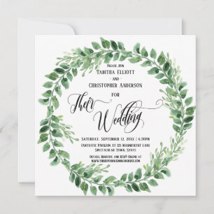 Convite Caligrafia Florescente Coroa Verde de Casamento