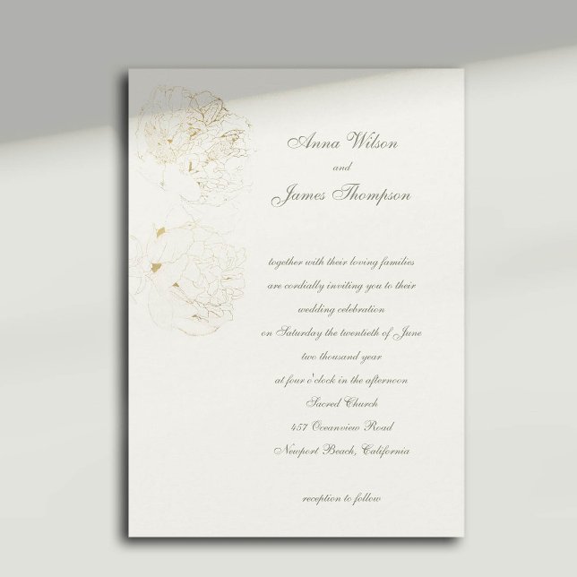 Convite Caligrafia Formal de Esboço de Peônias Douradas Ca (gold peonies wedding invitation formal traditional calligraphy casual modern classic)