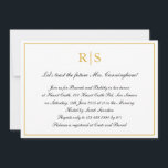 Convite Caligrafia formal Dourada Monograma Bridal Brunch<br><div class="desc">Convites para brunch formal e rico,  apresentando um simples design com seus detalhes de evento dentro de uma falsa borda dourada,  sobre um fundo branco. No topo está seu monograma inicial e seus detalhes estão em uma caligrafia elegante. Um design clássico que certamente impressiona.</div>