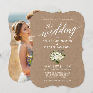 Convite Caligrafia Foto de Casamento Floral Verde Kraft