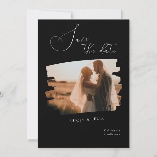Convite Caligrafia Foto Preta Moderna Salva A Data (Frente)