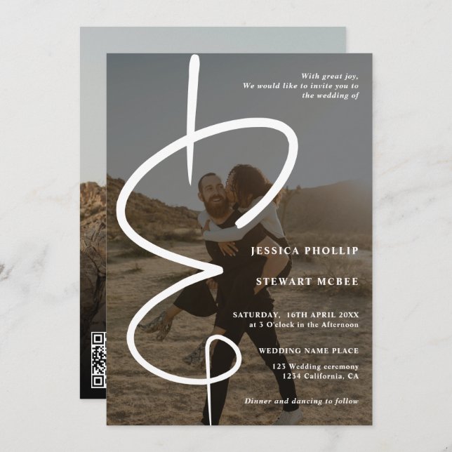 Convite Caligrafia fotográfica em Ampersand Qr code casame (Frente/Verso)