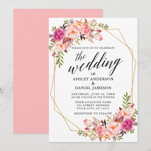 Convite Caligrafia Geométrica Pink Blush Casamento Floral