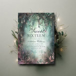 Convite Caligrafia Mágica Florestal Encantada Sweet 16<br><div class="desc">Uma ilustração com uma aquarela esbranquiçada da folhagem esmagadora em verde esmeralda e mauve e roxo, brilhante com luzes de fadas e poeira mágica, decora este primavera de verão outono doce 16 convite com um tema de floresta encantado. Um convite elegante e moderno para um conto de fadas do décimo...</div>