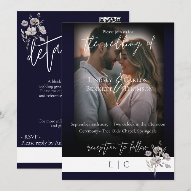 Convite Caligrafia mínima do monograma elegante de marinho (Frente/Verso)