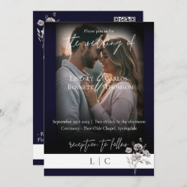 Convite Caligrafia mínima do monograma elegante de marinho