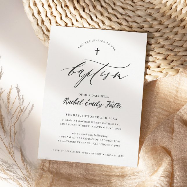 Convite Caligrafia mínima moderna BAPTISM - preto elegante (Criador carregado)