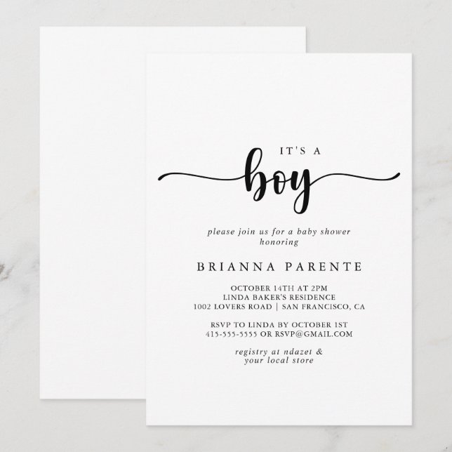 Convite Caligrafia minimalista É um Chá de fraldas (Frente/Verso)