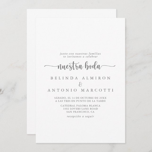 Convite Caligrafia minimalista Silver Nuestra Boda (Frente/Verso)
