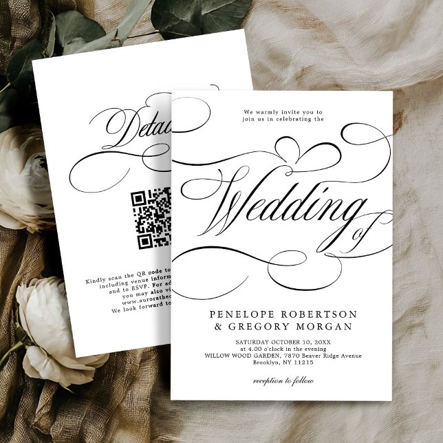 Convite Caligrafia moderna - casamento com código QR preto (Modern calligraphy black white QR code on back wedding Invitation)