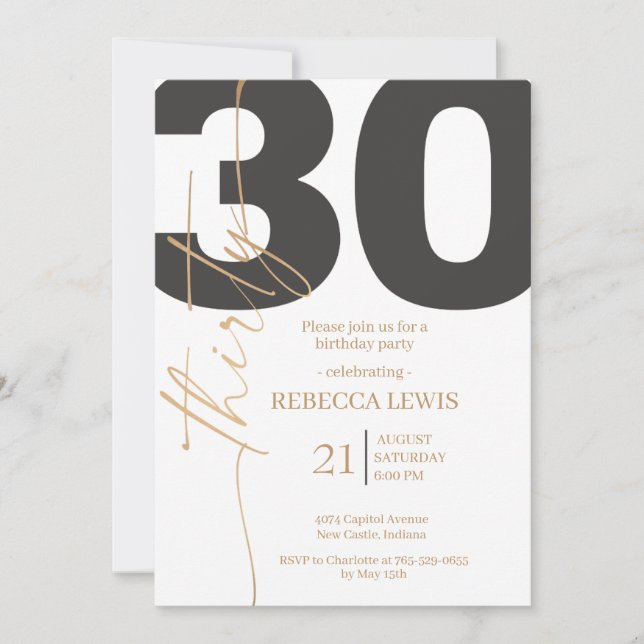 Convite Caligrafia Moderna Elegante 30 Aniversário de Adul (Frente)