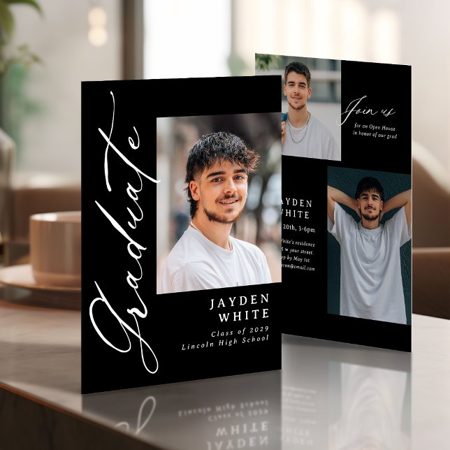 Convite Caligrafia Moderna em Preto e Branco para Formatur (Black & White Modern Calligraphy Photo Graduation Invitation)