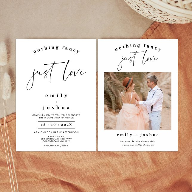 Convite Caligrafia Negra Nada de Rico Apenas Adoro Casamen (Minimalist Nothing Fancy Just Love Wedding Invitation, Modern Calligraphy Just Love Wedding Invite)