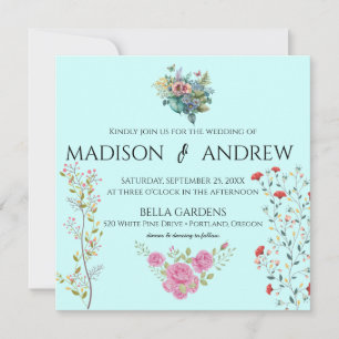 Convite Caligrafia química elegante Floral Azul