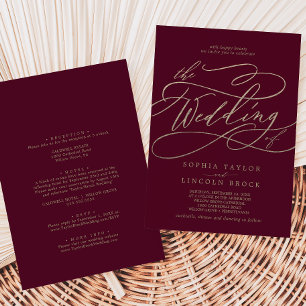 Convite Caligrafia Romântica Burgundy Em Um Único Casament