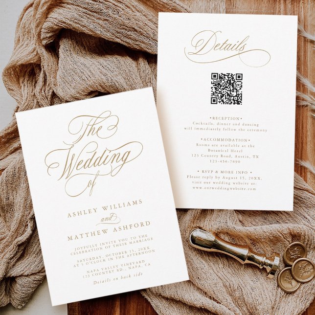 Convite Caligrafia Romântica Dourada Em Um Único Casamento (Front & Back)