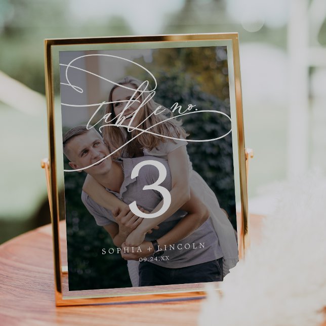 Convite Caligrafia Romântica Foto Escura 5x7" Número da Ta (Criador carregado)