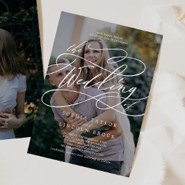 Convite Caligrafia Romântica Foto Escura Casamento Floread