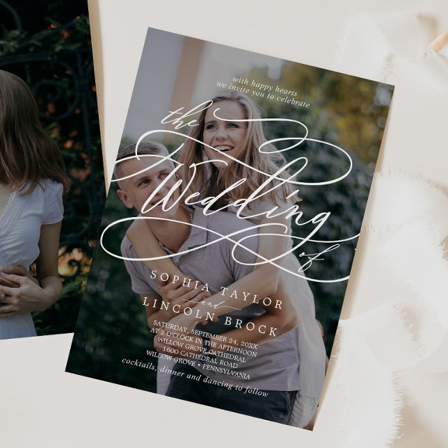 Convite Caligrafia Romântica Foto Escura Casamento Floread (Criador carregado)