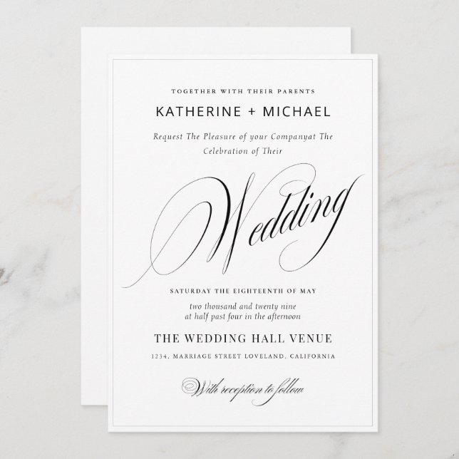 Convite Caligrafia Romântica Simples e Casamento Chic (Frente/Verso)