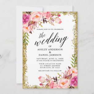 Convite Caligrafia Rosa Dourada Floral Rosa De Casamento