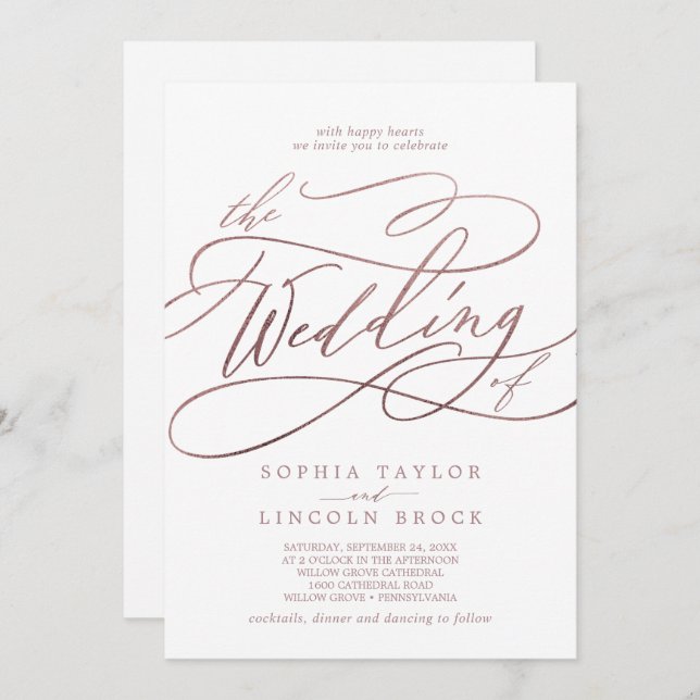 Convite Caligrafia Rosa Dourada Romântica Em Um Único Casa (Frente/Verso)