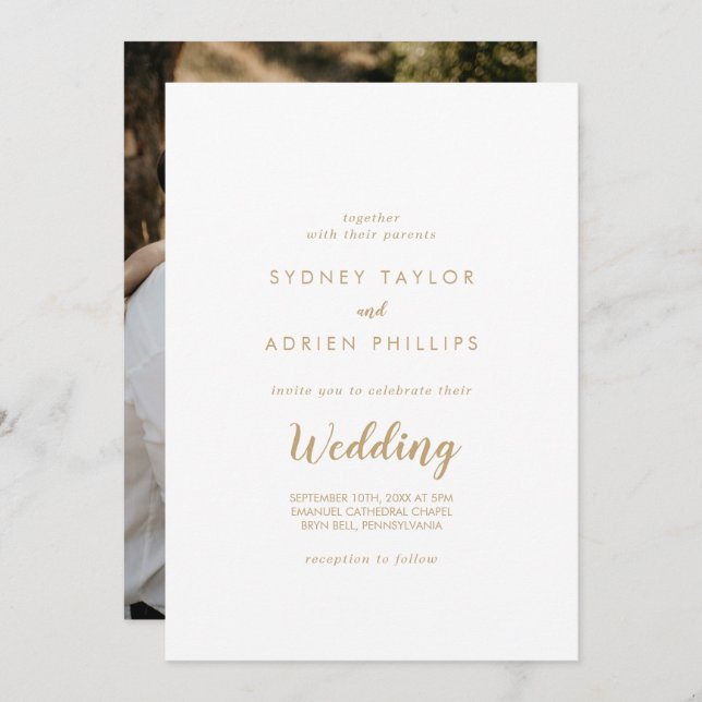 Convite Caligrafia Simples|Casamento Informal de Foto Dour (Frente/Verso)