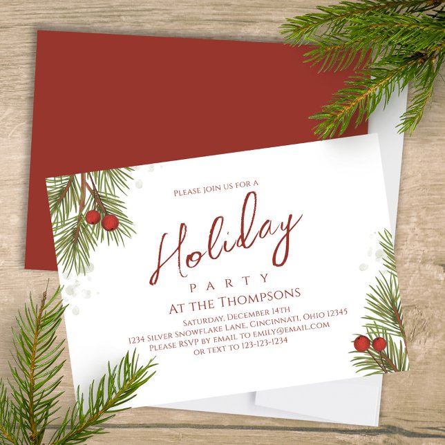 Convite Caligrafia Simples Feriada - Manuscrito Greenery B (Elegant silver and pine branches greenery holiday Christmas party invitation. )