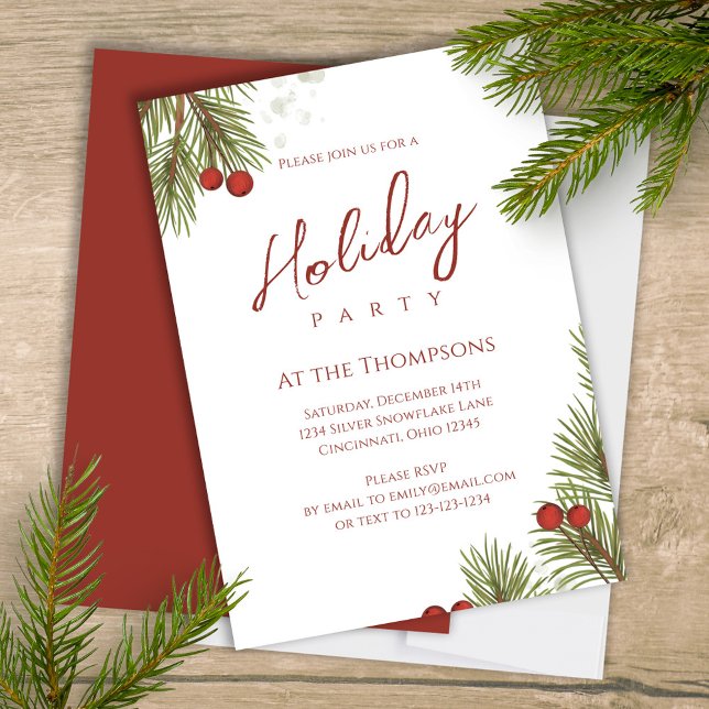 Convite Caligrafia Simples Feriada - Manuscrito Greenery B (Elegant silver and pine branches greenery holiday Christmas party invitation. )