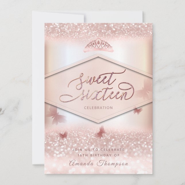 Convite caligrafia tiara da borboleta dourada-rosa (Frente)