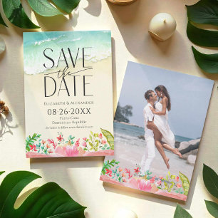 Convite Caligrafia tropical Beach Floral Salva a Data