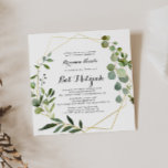 Convite Caligrafia tropical Dourada geométrica Bat Mitzvah<br><div class="desc">Este convite de morcego mitzvah para caligrafia geométrica tropical de ouro é perfeito para um simples bat mitzvah. A design apresenta lindas folhas verdes pintadas à mão,  enfeitando um quadro geométrico dourado.</div>