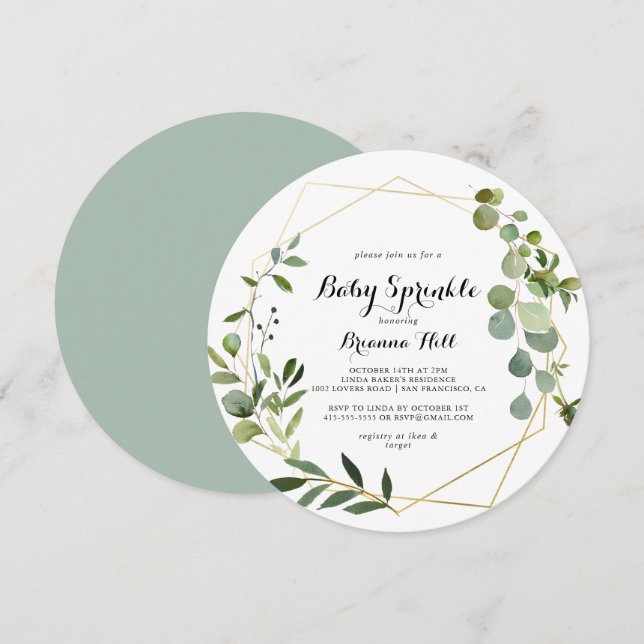 Convite Caligrafia Tropical Geométrica Dourada, Bebê Sprin (Frente/Verso)