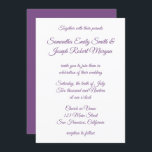 Convite Caligrafia violeta roxa<br><div class="desc">Contemporâneo violeta roxo e convite para casamento branco. Crie seu convite personalizado personalizado alterando o estilo de fonte moderno da caligrafia. Há uma grande variedade de opções modernas, elegantes e clássicas de roteiro de casamento. Personalize o tamanho da fonte para abrir espaço para mais informações sobre o local do casamento....</div>