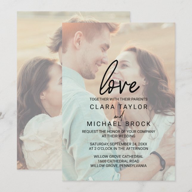 Convite Caligrafia Whimsical | Faded Photo Love Wedding (Frente/Verso)