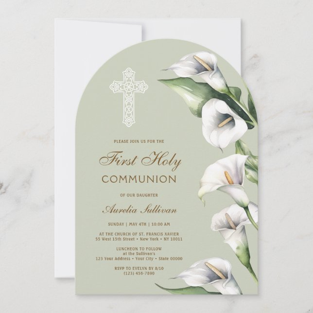 Convite Calla Lilies on Sage Green Arch First Communion (Frente)