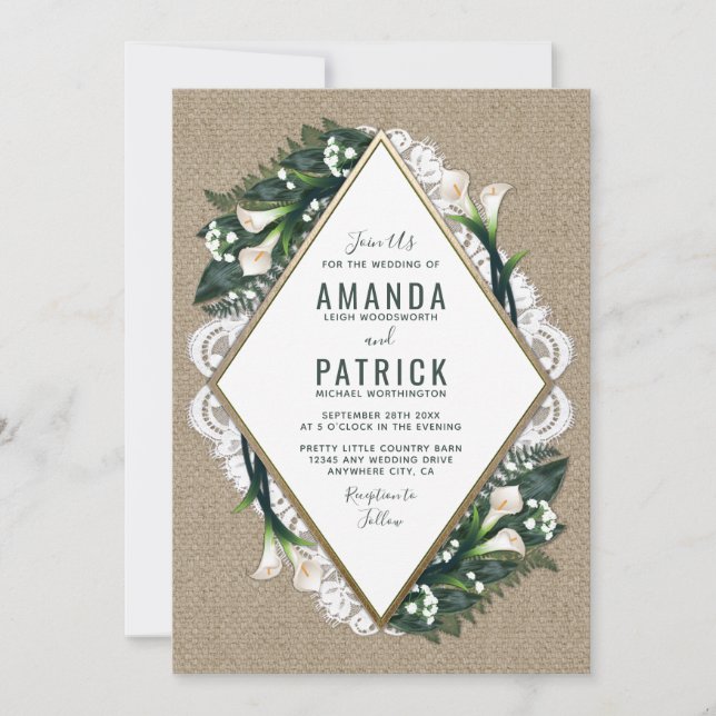 Convite Calla Lily Burlap e Palace Wedings (Frente)