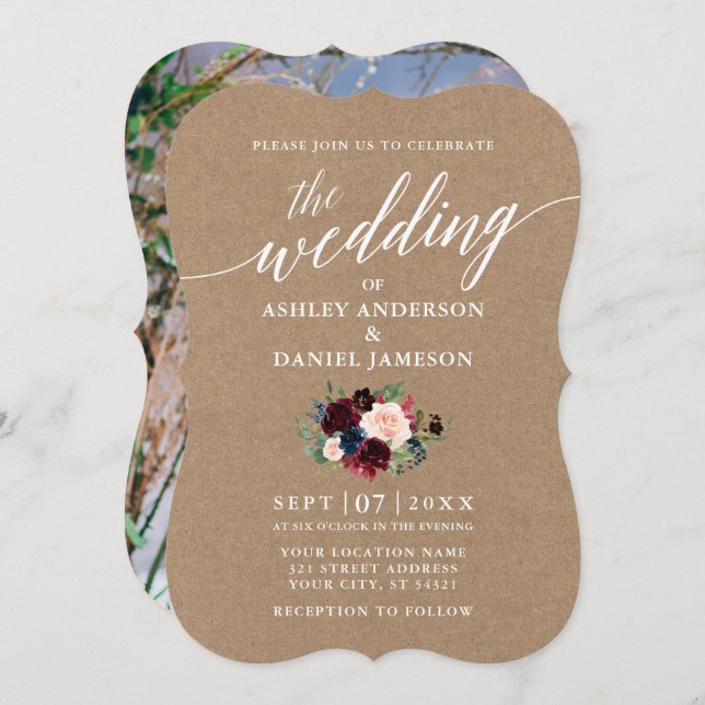 Convite Calligrafia Burgundy Blue Floral Kraft Foto (Frente/Verso)