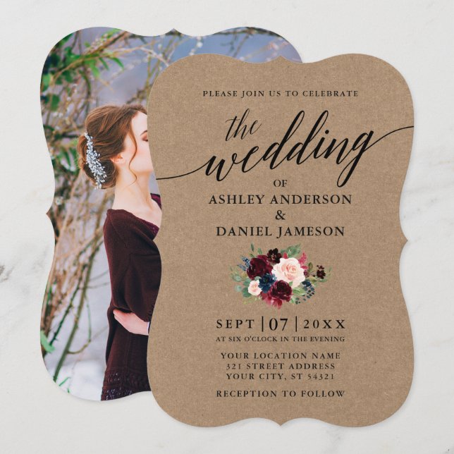 Convite Calligrafia Burgundy Blue Floral Photo Kraft (Frente/Verso)