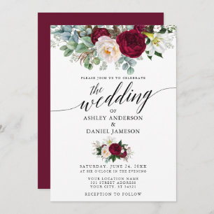 Convite Calligrafia Burgundy Floral Greenery Casamento