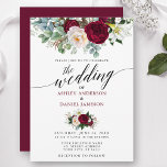 Convite Calligrafia Burgundy Floral Greenery Casamento B<br><div class="desc">Script de Caligrafia Moderna,  Watercolor Floral da Borgonha Elegante,  Convite para Casamento Verde inclui peônias,  folhas de eucalipto e outros belos verdes. Texto em branco e preto.</div>