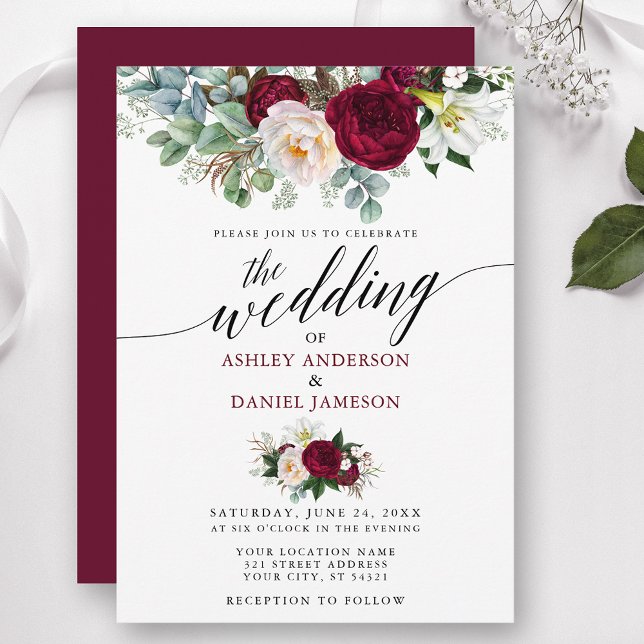 Convite Calligrafia Burgundy Floral Greenery Casamento B (Customize to change text color, style, add text & photos to back or change color of back of card.)