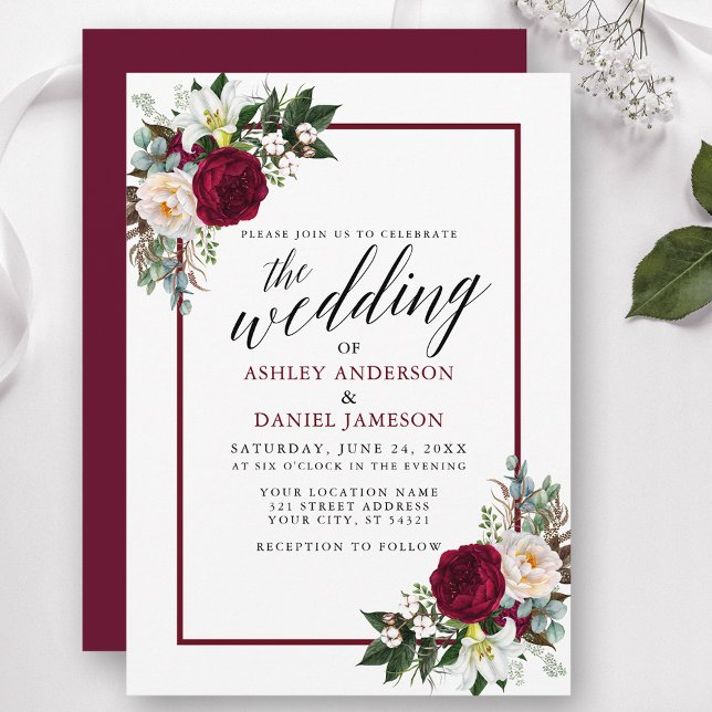 Convite Calligrafia Burgundy Frame Greenery Casamento Flor (Customize to change text color, style, add text & photos to back or change color of back of card.)