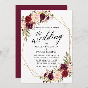 Convite Calligrafia Floral Burgundy Casamento Geométrico