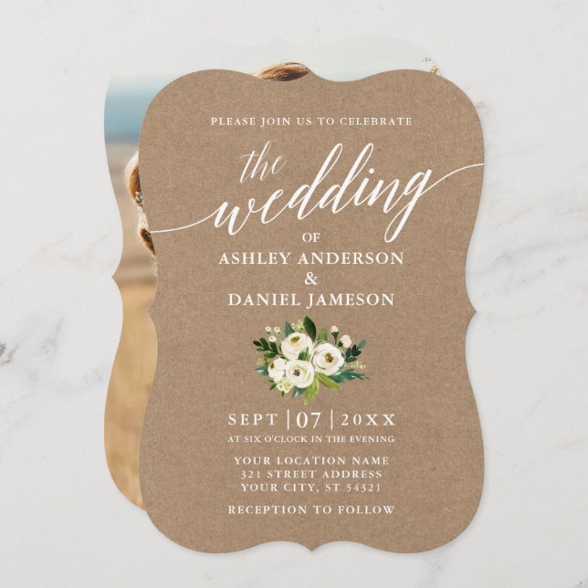 Convite Calligrafia Green Floral Wedding Kraft Foto (Frente/Verso)