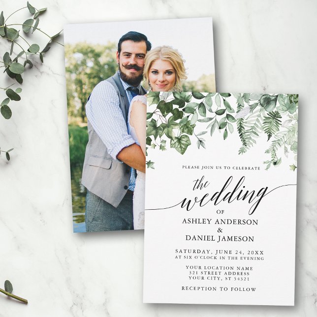 Convite Calligrafia Wedding Ivy Sage Greenery Foto (Customize to change your personalized text size or style.)