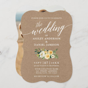 Convite Calligrafia Yellow Floral Wedding Kraft Foto