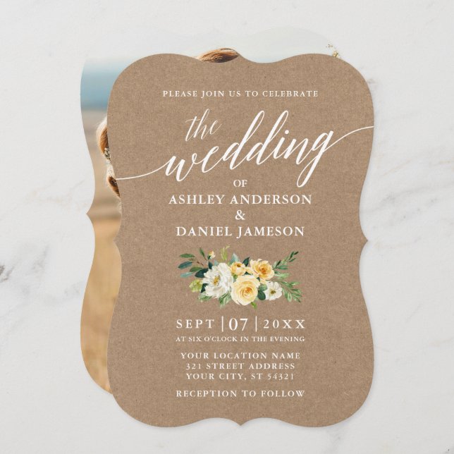 Convite Calligrafia Yellow Floral Wedding Kraft Foto (Frente/Verso)