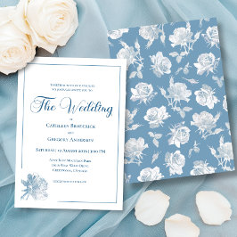 Convite Calligraphy Line Art Dusty Blue Floral Wedding